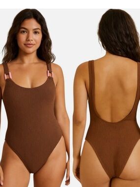 Aerie Ribbed Brown One-Piece Swimsuit with Pink Accent Small. NWOT